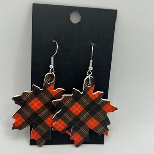Orange & Black Buffalo Plaid Faux Leather Maple Leave Earrings
